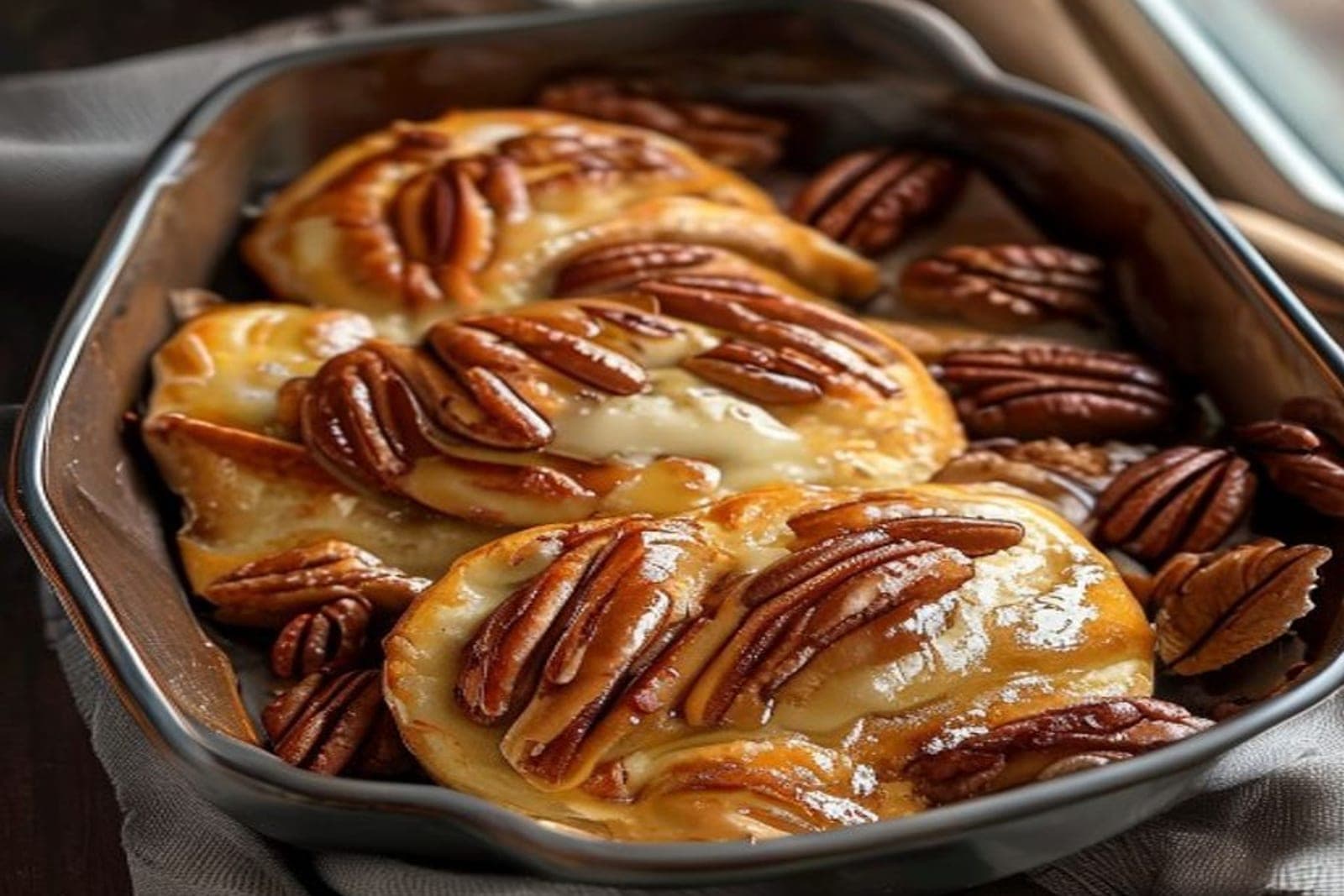 maple pecan cinnamon rolls topped with toasted pecans and a maple glaze in a baking dish (AI-generated editorial image)