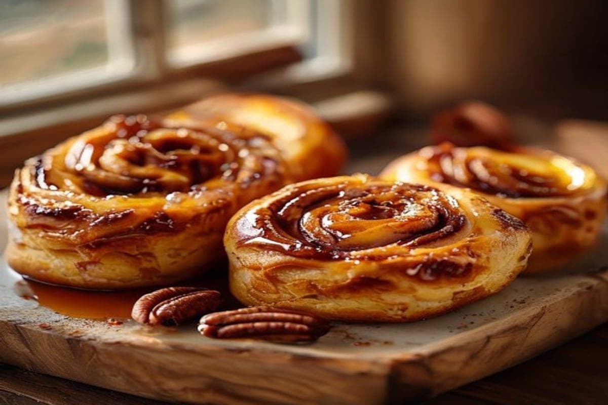 toasted pecans and pure maple syrup beside cinnamon rolls (AI-generated editorial image)