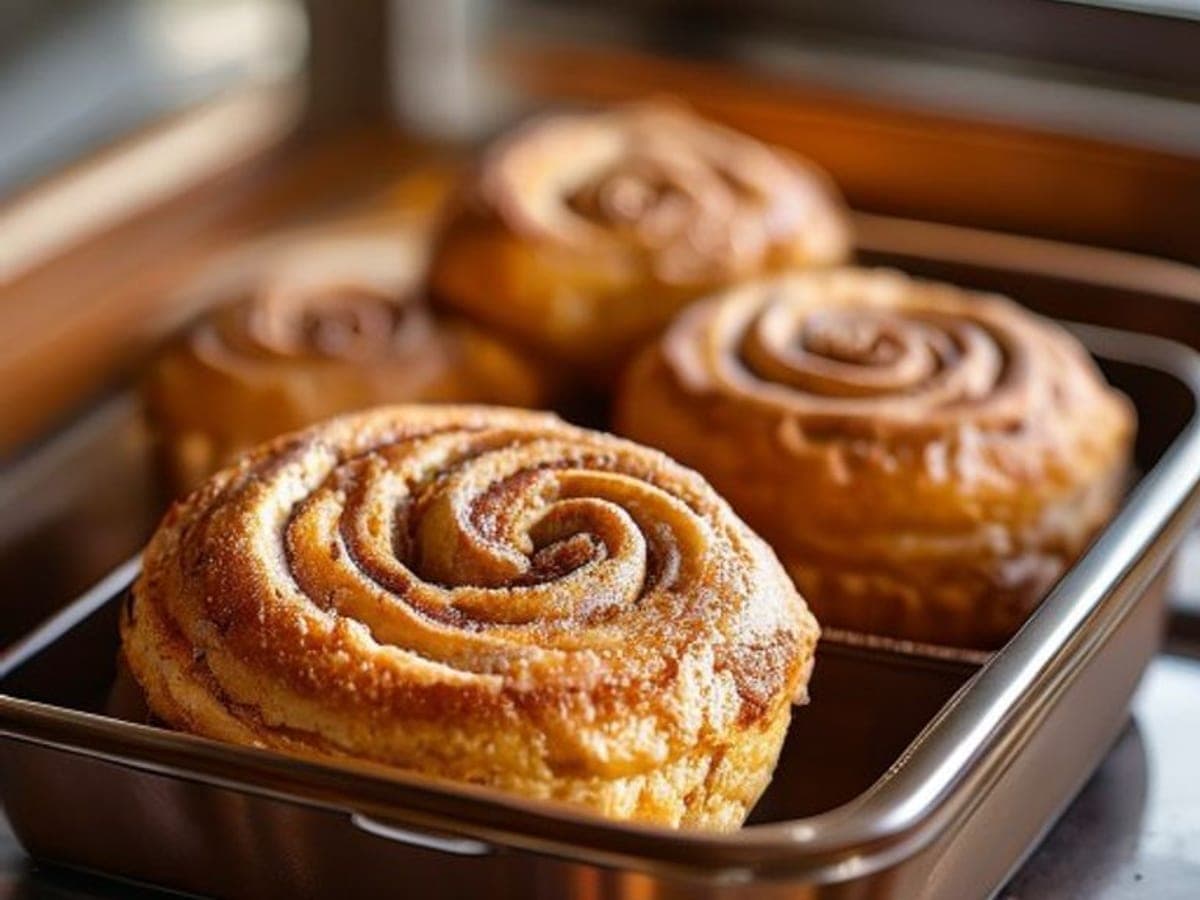 one muffin tin cinnamon roll removed from the tin showing tall spiral sides and soft crumb (AI-generated editorial image)