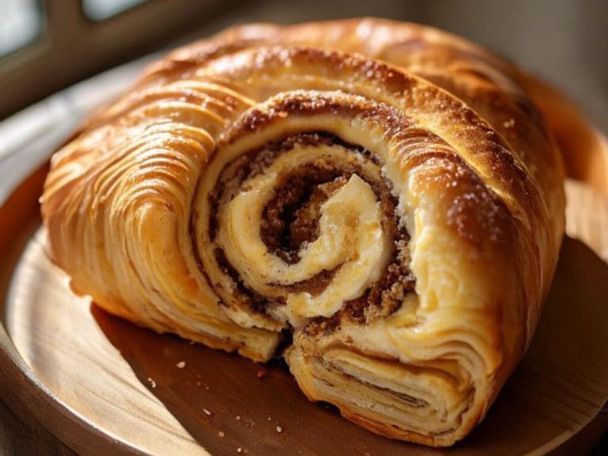 a no-yeast cinnamon roll split open showing a soft biscuit crumb and cinnamon swirl (AI-generated editorial image)