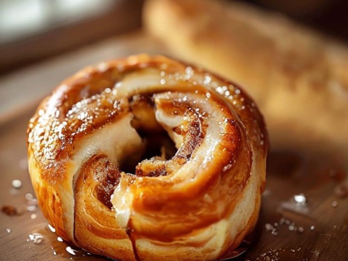 a one hour cinnamon roll split open showing a soft crumb and cinnamon swirl with glaze (AI-generated editorial image)