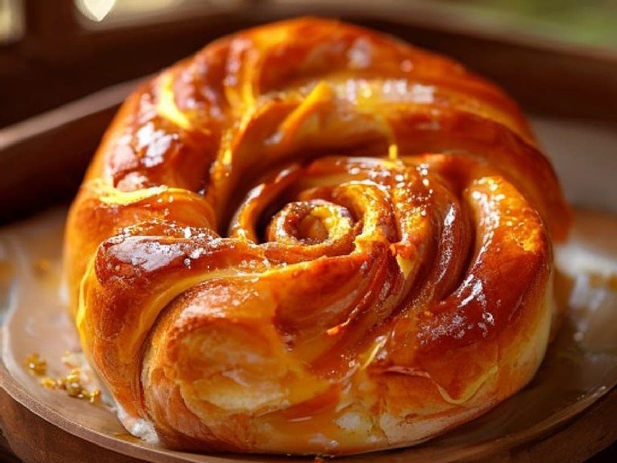 an orange cinnamon roll pulled apart showing cinnamon swirl and bright orange glaze with zest (AI-generated editorial image)
