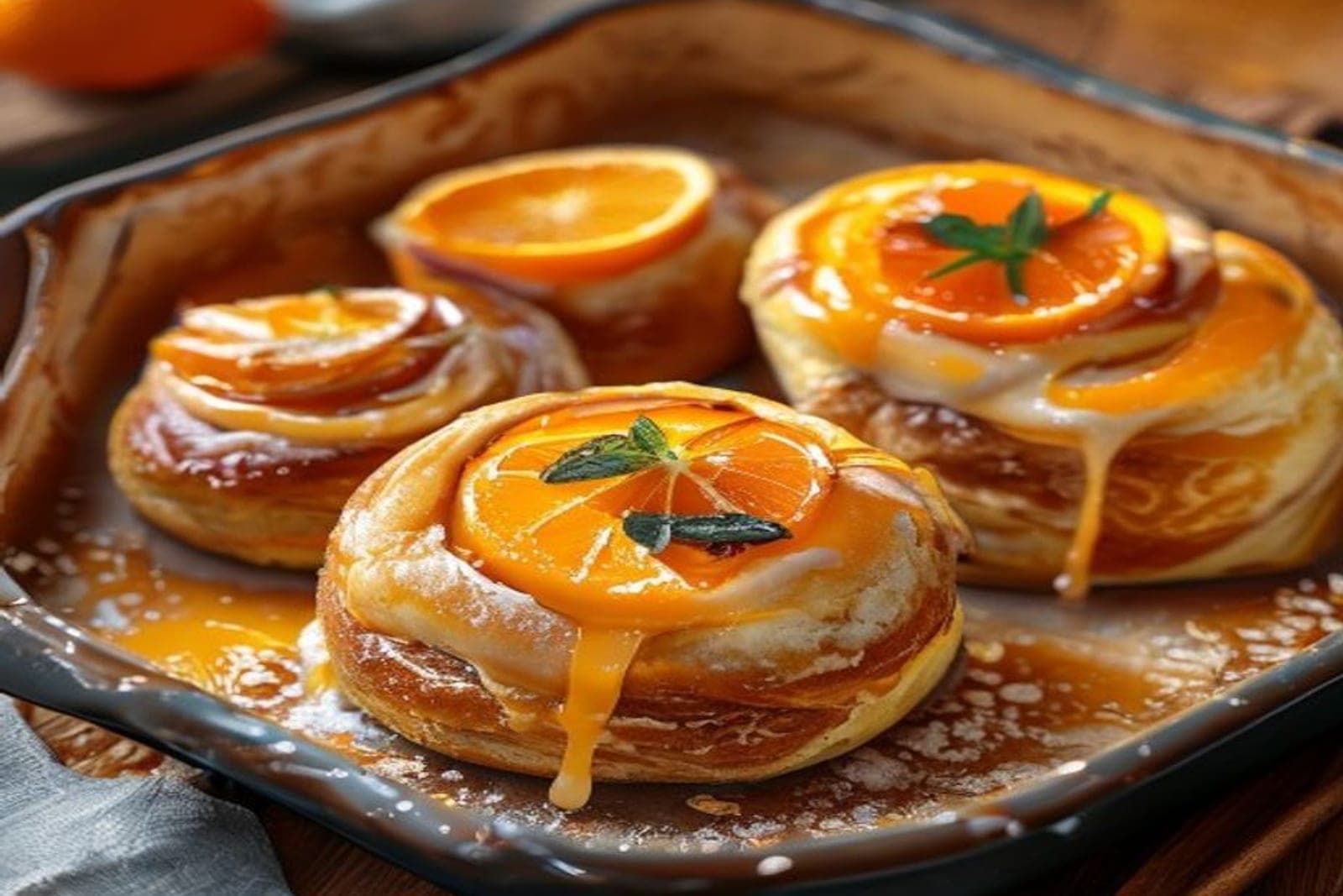orange cinnamon rolls with bright orange glaze and fresh orange zest on top (AI-generated editorial image)