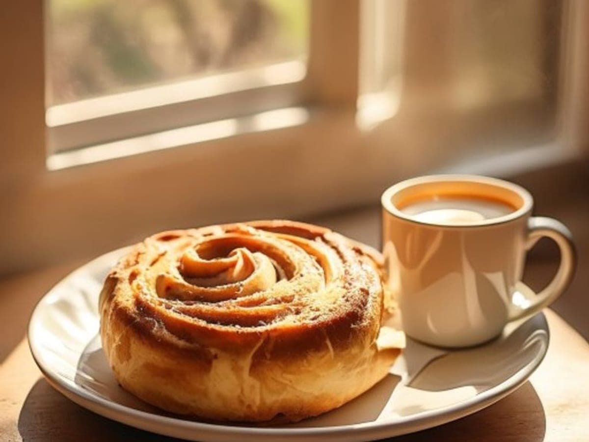 a soft overnight cinnamon roll on a plate beside a mug of coffee (AI-generated editorial image)