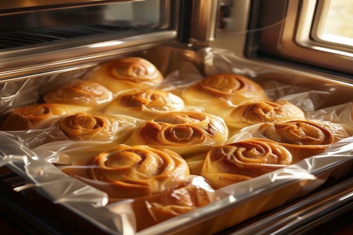 shaped cinnamon rolls covered with plastic wrap in a baking dish going into the refrigerator (AI-generated editorial image)