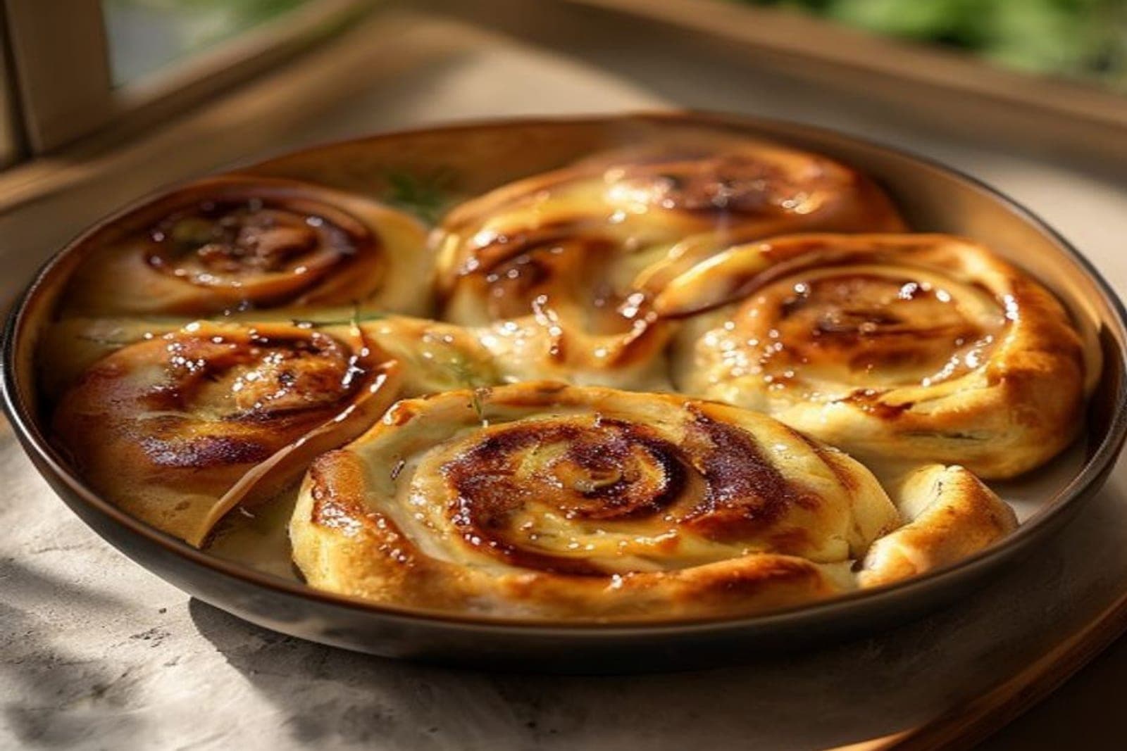 a round pan of rustic cinnamon rolls made from lean chewy pizza dough (AI-generated editorial image)