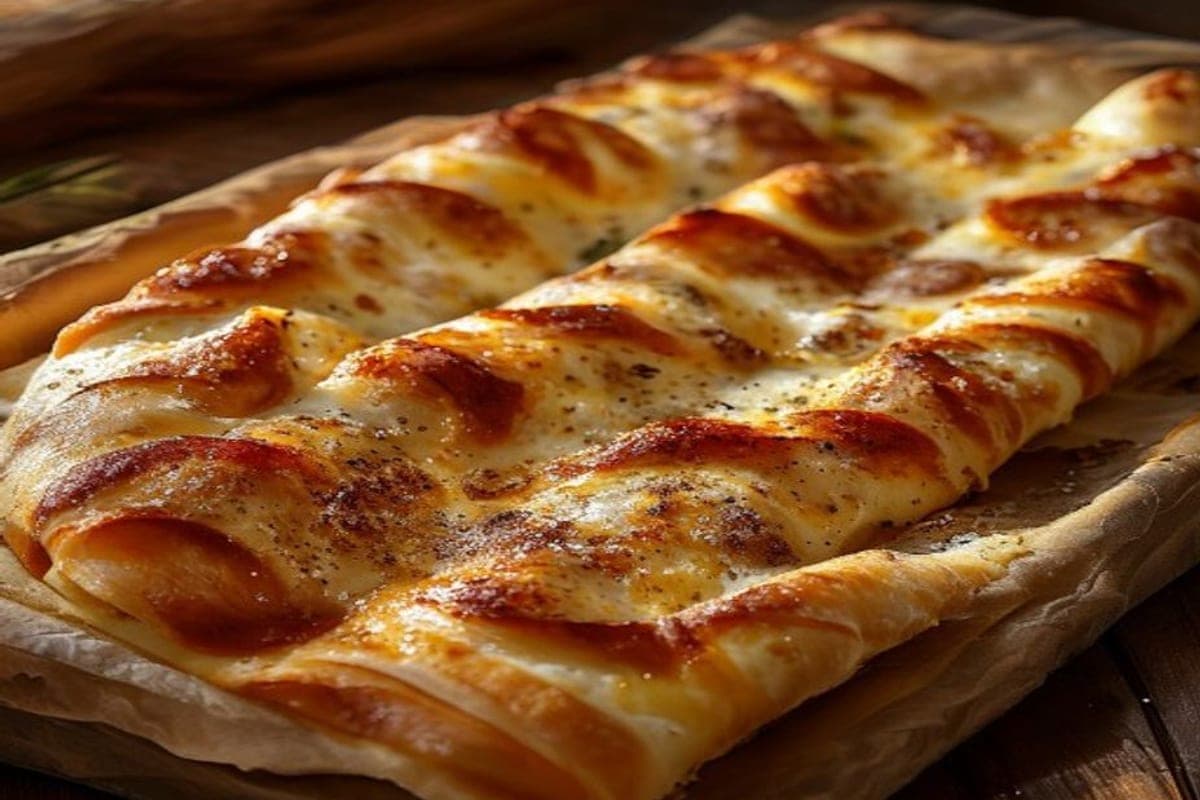 a rectangle of stretched pizza dough brushed with butter and cinnamon sugar being rolled into a log (AI-generated editorial image)