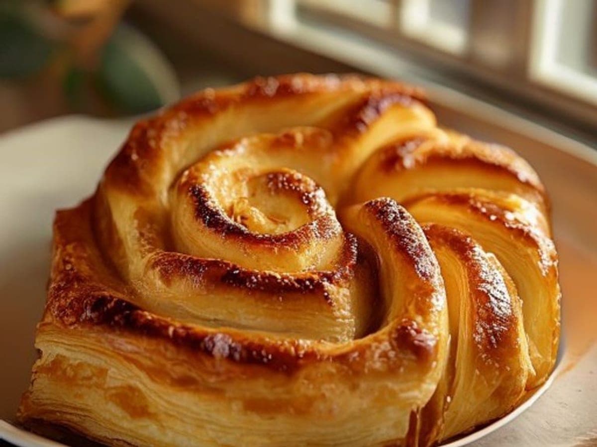 a single flaky puff pastry cinnamon roll showing crisp golden laminated pastry layers spiraling around cinnamon (AI-generated editorial image)