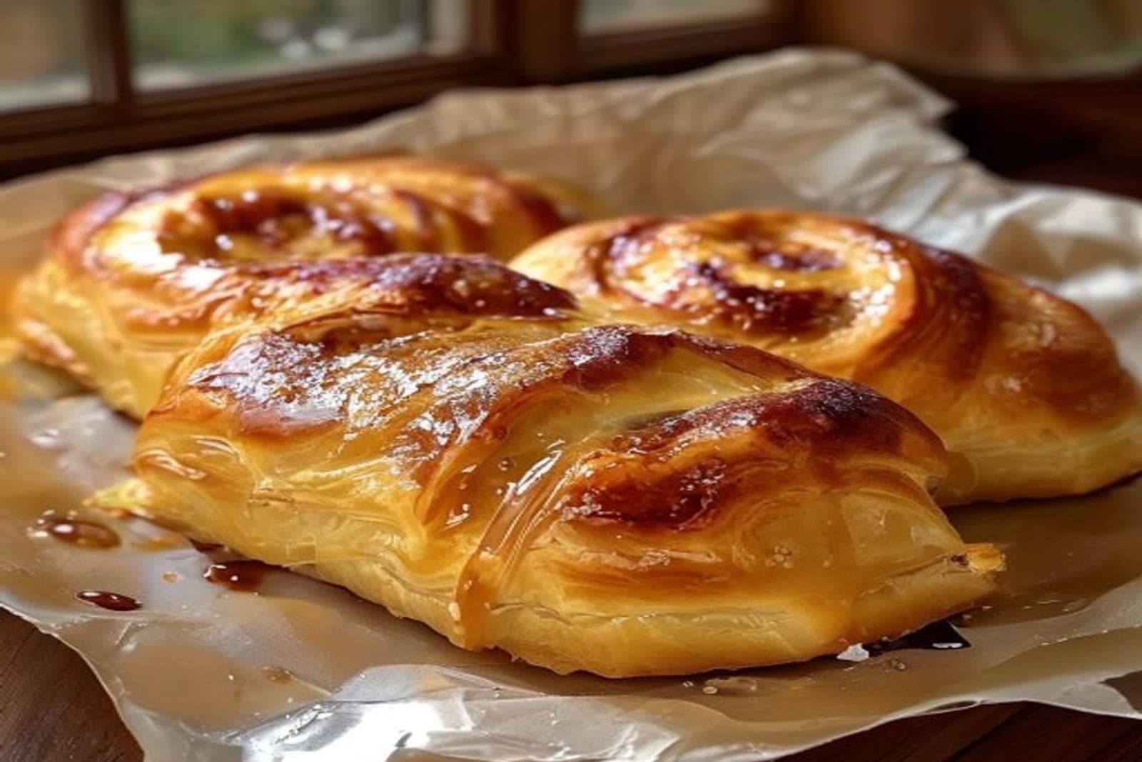 flaky golden puff pastry cinnamon rolls with visible crisp laminated layers and caramelized edges (AI-generated editorial image)