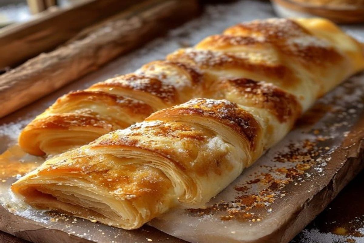 a sheet of puff pastry brushed with butter and cinnamon sugar being rolled into a log on a floured surface (AI-generated editorial image)