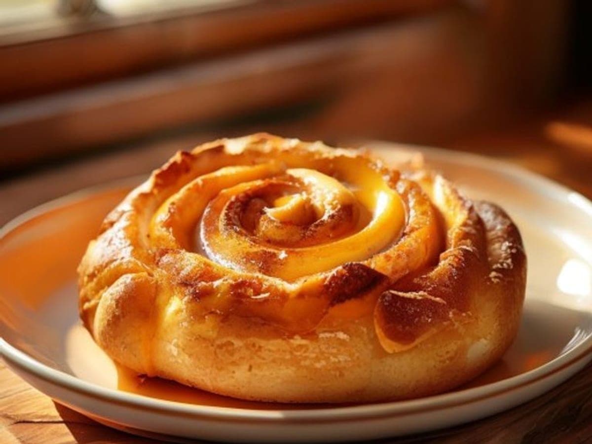 a single pumpkin cinnamon roll on a plate (AI-generated editorial image)