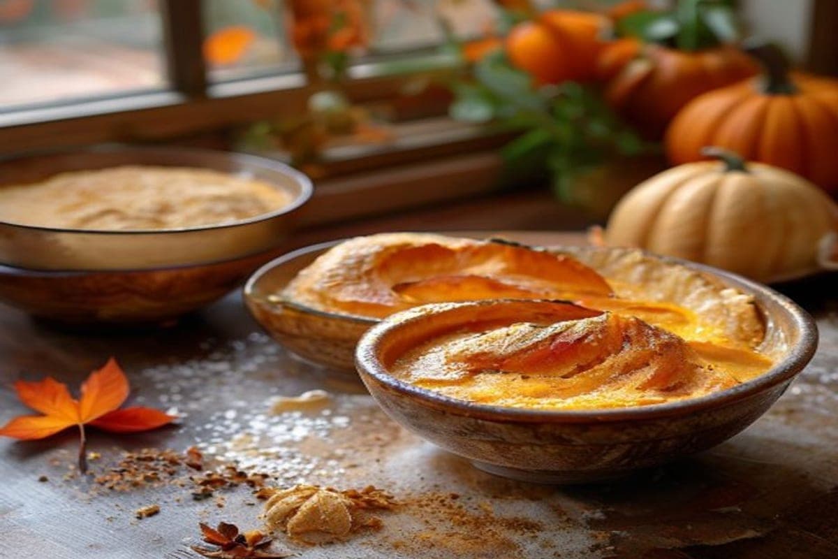 pumpkin puree and warm fall spices in bowls beside enriched dough on a kitchen counter (AI-generated editorial image)