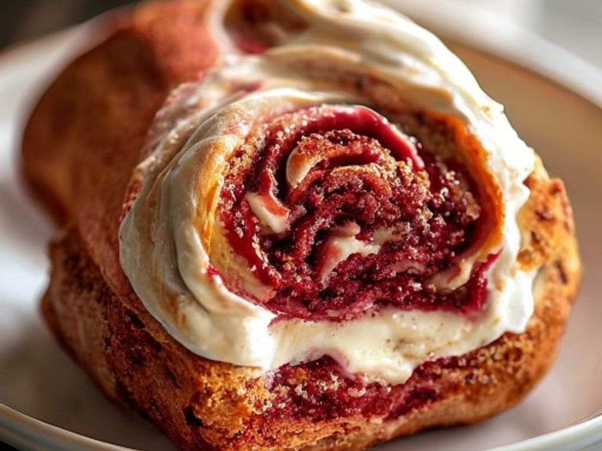 a red velvet cinnamon roll pulled apart to reveal a deep red crumb and cinnamon swirl under white cream cheese frosting (AI-generated editorial image)