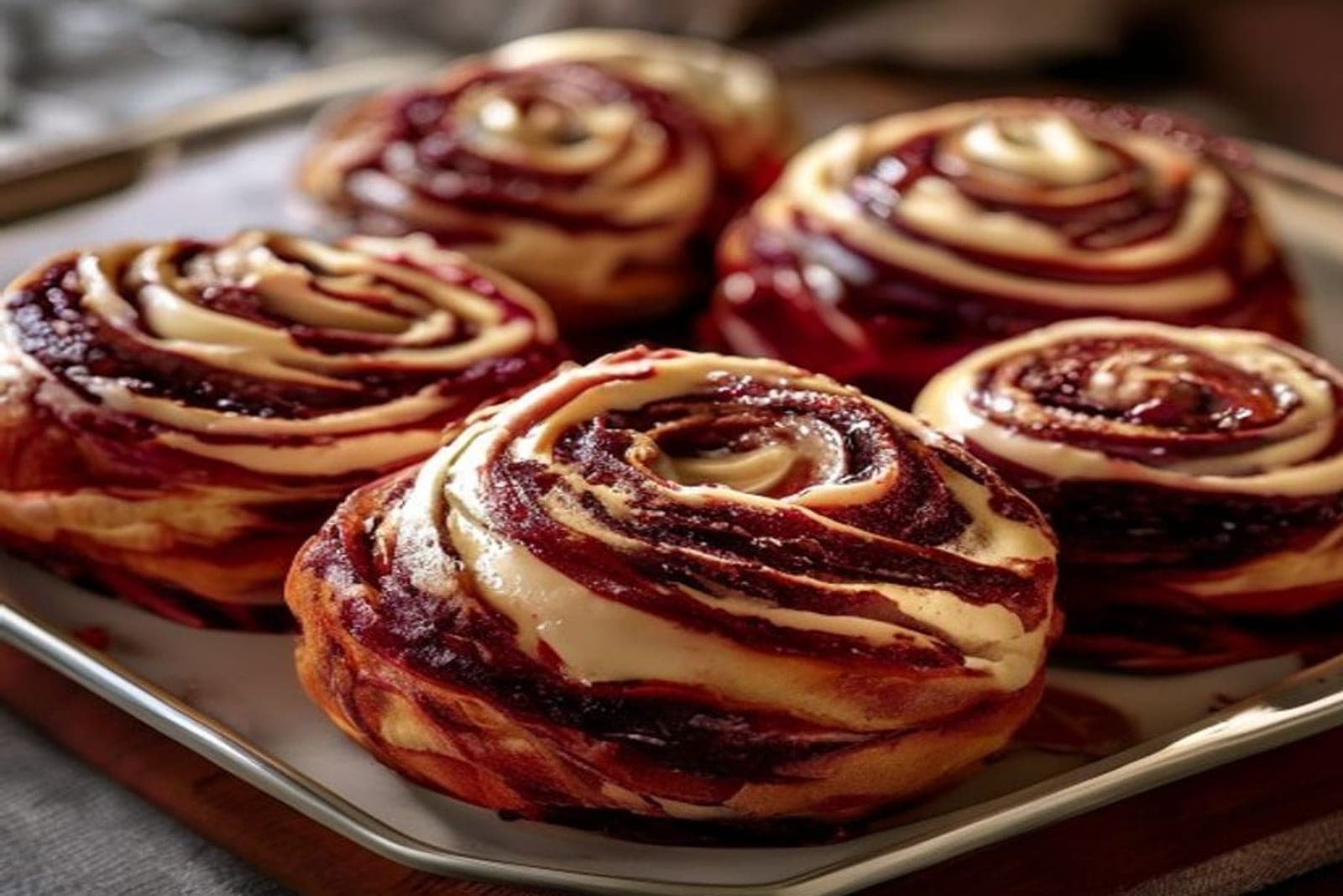 a pan of vivid red velvet cinnamon rolls with deep red cocoa dough and bright white cream cheese frosting (AI-generated editorial image)