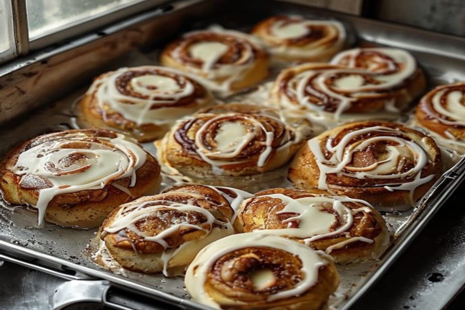 a big batch of cinnamon rolls on a large metal sheet pan (AI-generated editorial image)