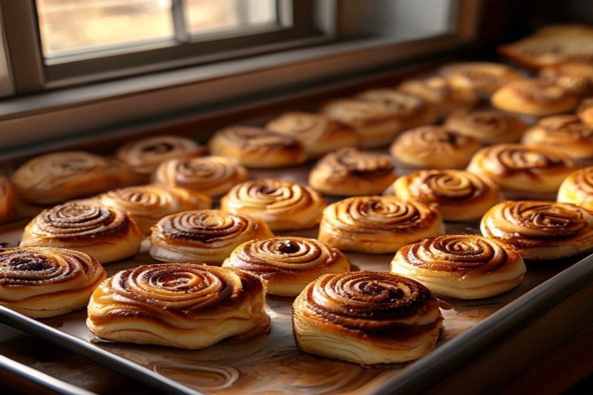 rows of shaped cinnamon rolls arranged across a rimmed sheet pan before baking (AI-generated editorial image)