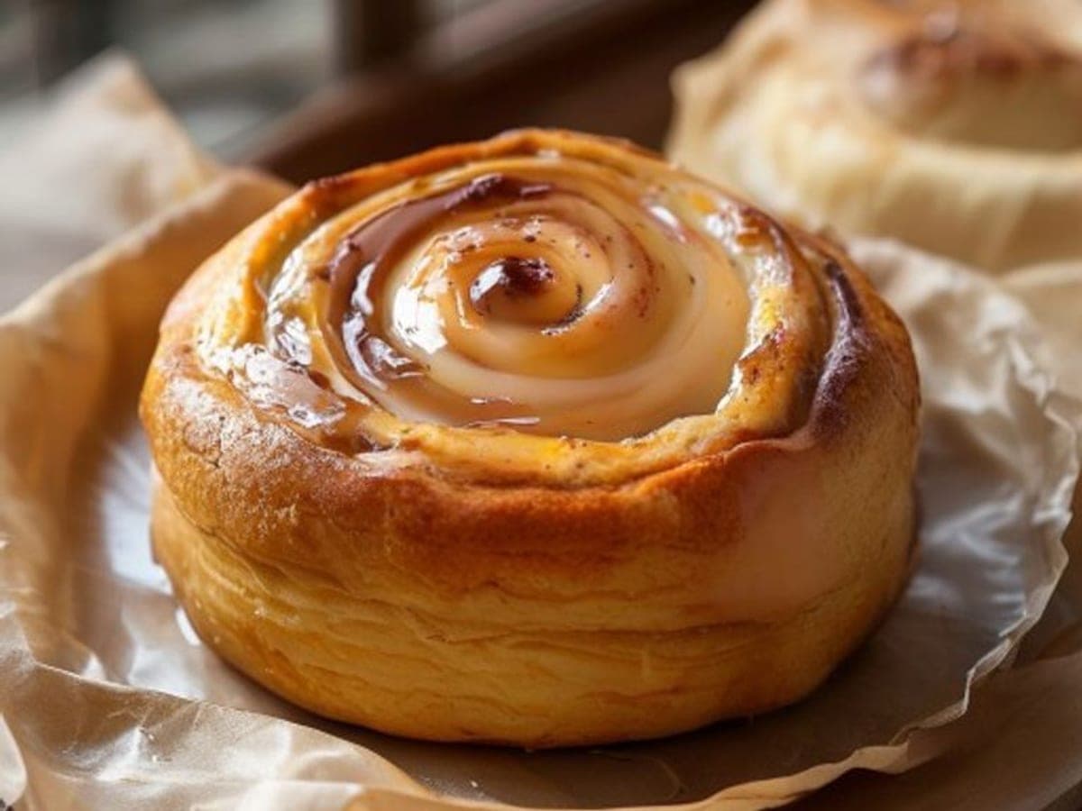a single soft slow-cooker cinnamon roll lifted onto a plate on a piece of parchment (AI-generated editorial image)