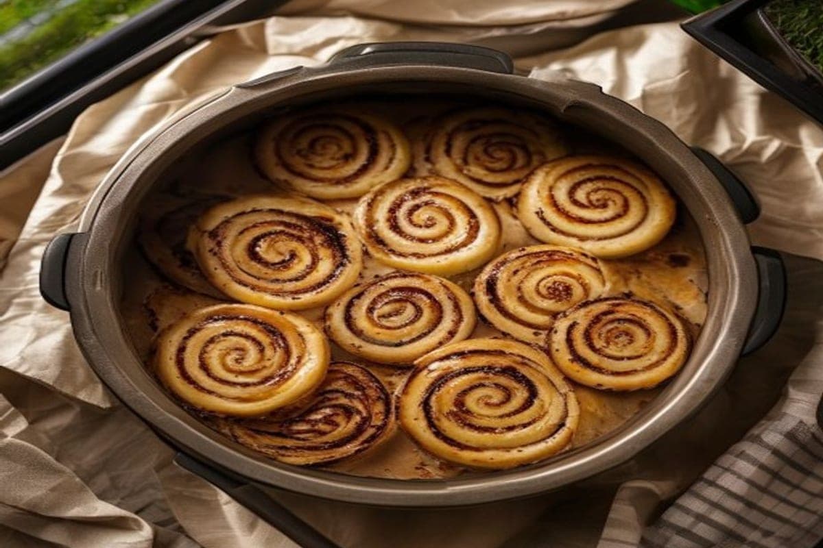 coiled unbaked cinnamon rolls arranged in a parchment-lined round ceramic slow-cooker insert before cooking (AI-generated editorial image)