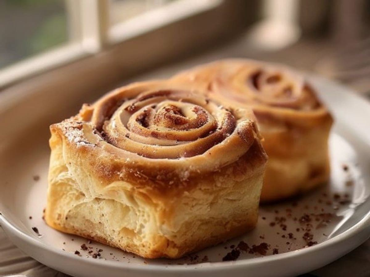one small batch cinnamon roll on a small plate (AI-generated editorial image)