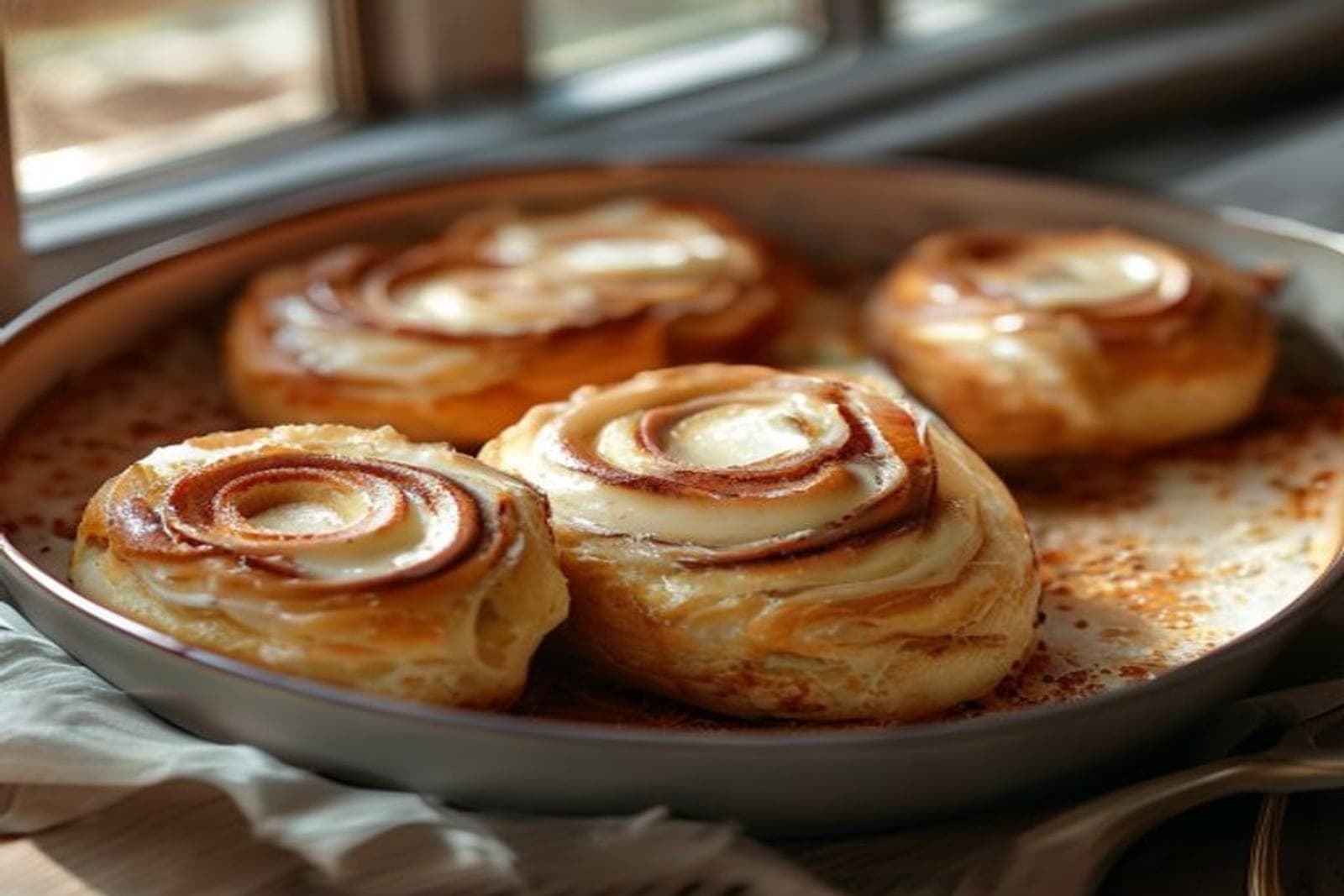 a small batch of just four cinnamon rolls in a small round pan (AI-generated editorial image)