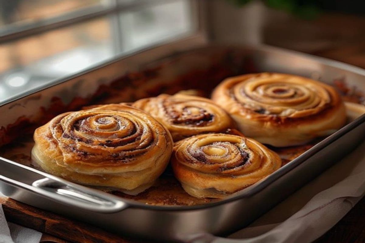 four shaped cinnamon rolls in a small 6 inch pan before baking (AI-generated editorial image)