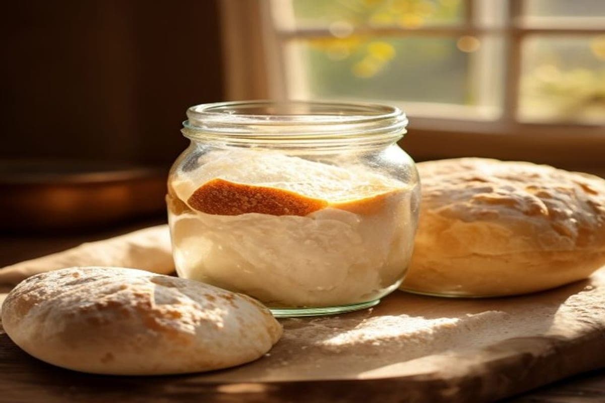 active bubbly sourdough starter in a glass jar beside enriched dough (AI-generated editorial image)