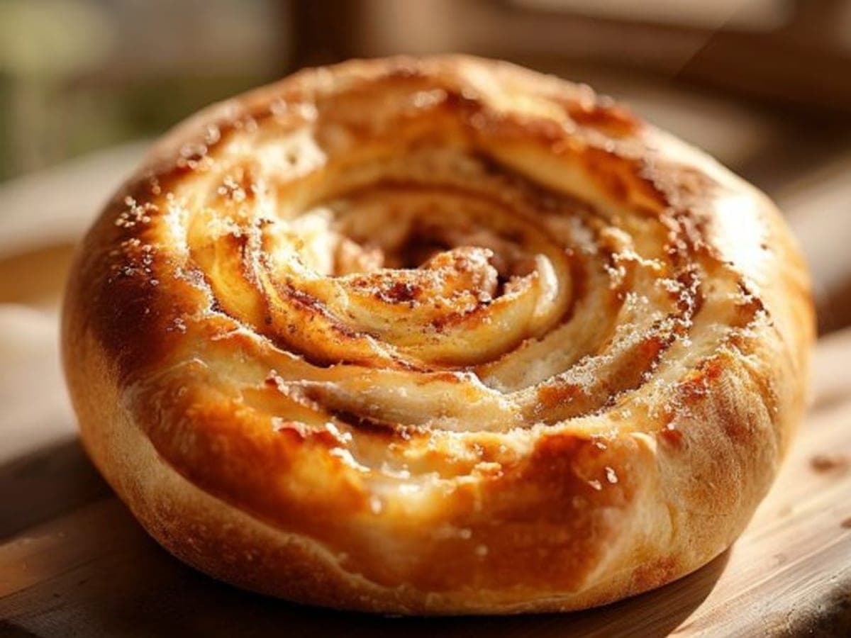 a sourdough cinnamon roll pulled apart to show a soft slightly open tangy crumb and cinnamon swirl (AI-generated editorial image)