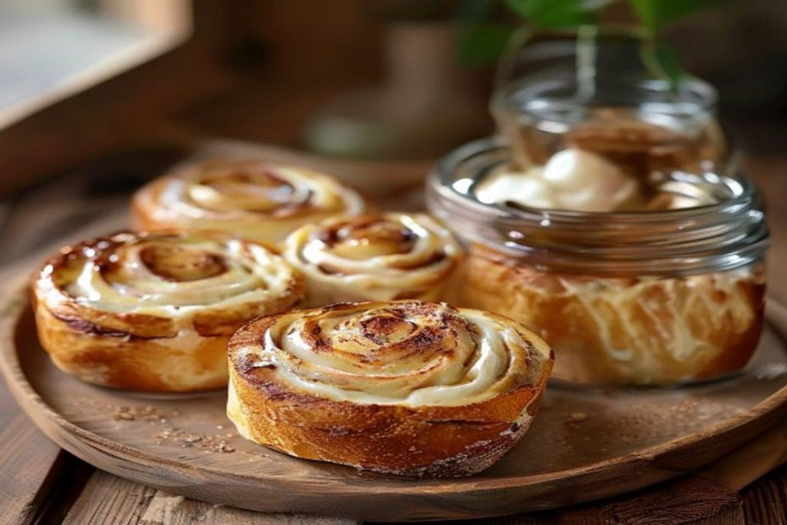 a pan of rustic sourdough discard cinnamon rolls with cream cheese frosting (AI-generated editorial image)