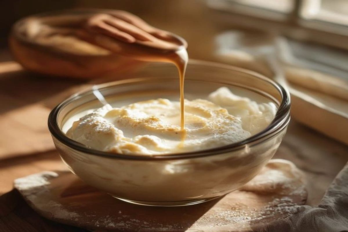 cloudy sourdough discard being spooned from a glass jar into a bowl of enriched dough (AI-generated editorial image)