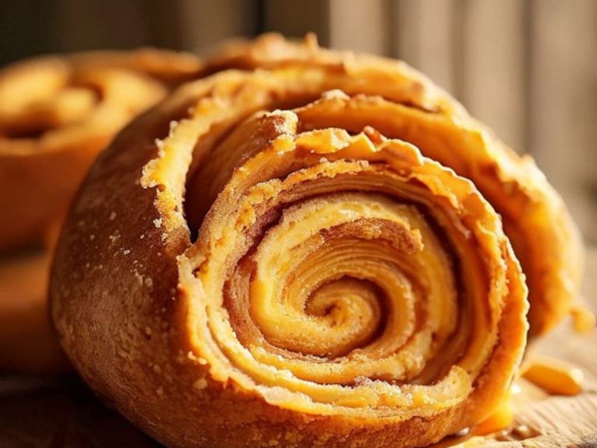a sweet-potato cinnamon roll pulled apart to show a soft tender golden-orange crumb and cinnamon swirl (AI-generated editorial image)