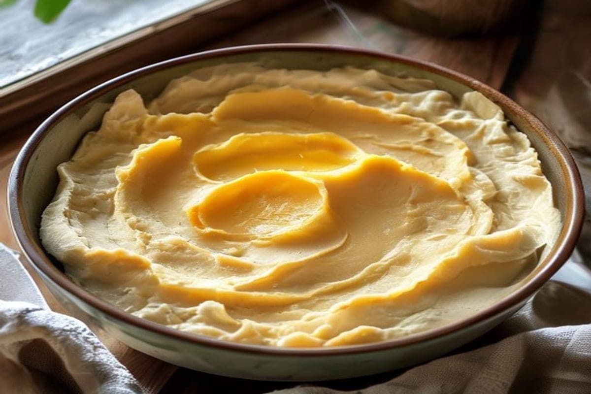smooth mashed cooked sweet potato in a bowl being mixed into pale enriched dough (AI-generated editorial image)