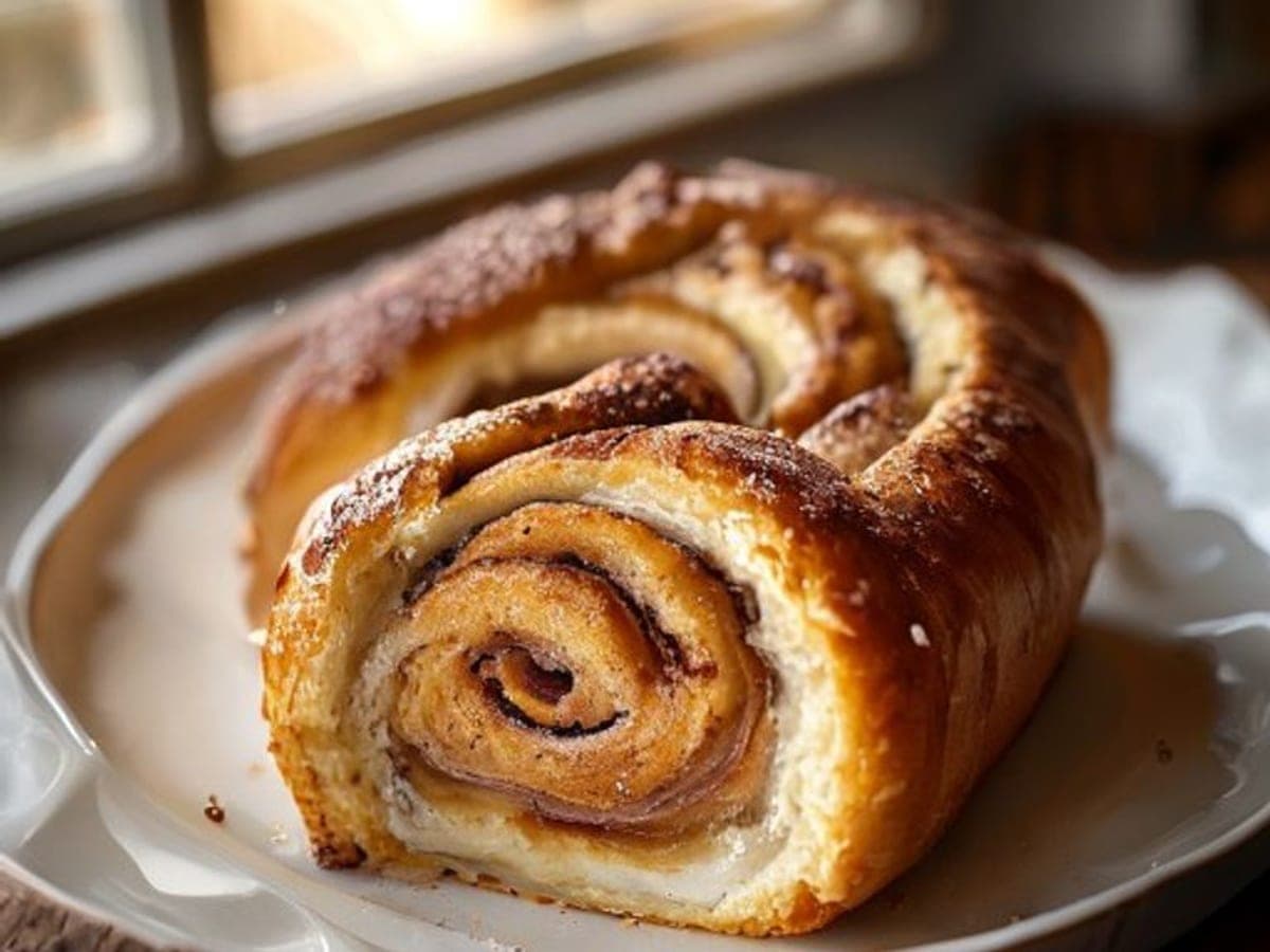 a three ingredient cinnamon roll split open showing a soft dense crumb and cinnamon swirl (AI-generated editorial image)