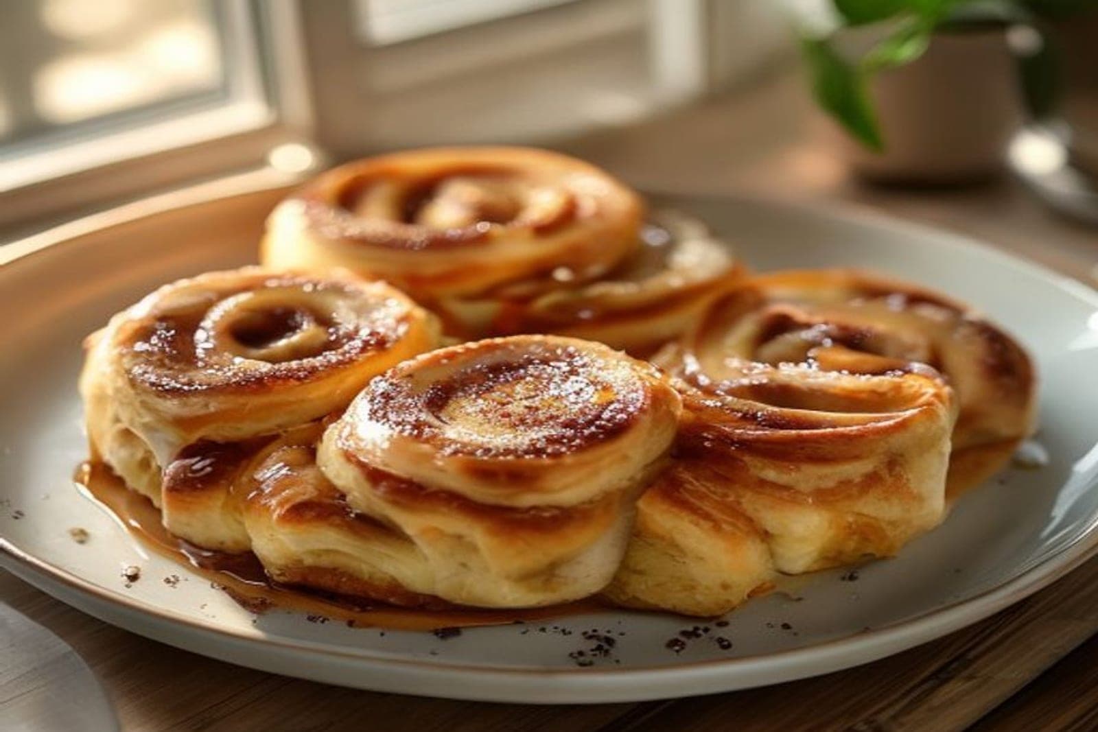 simple three ingredient cinnamon rolls with a soft dense crumb and light glaze on a plate (AI-generated editorial image)
