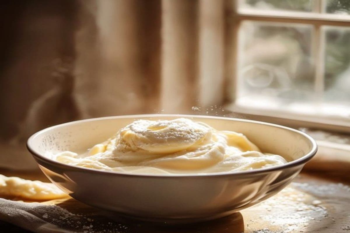 self rising flour and yogurt dough being mixed in a bowl (AI-generated editorial image)