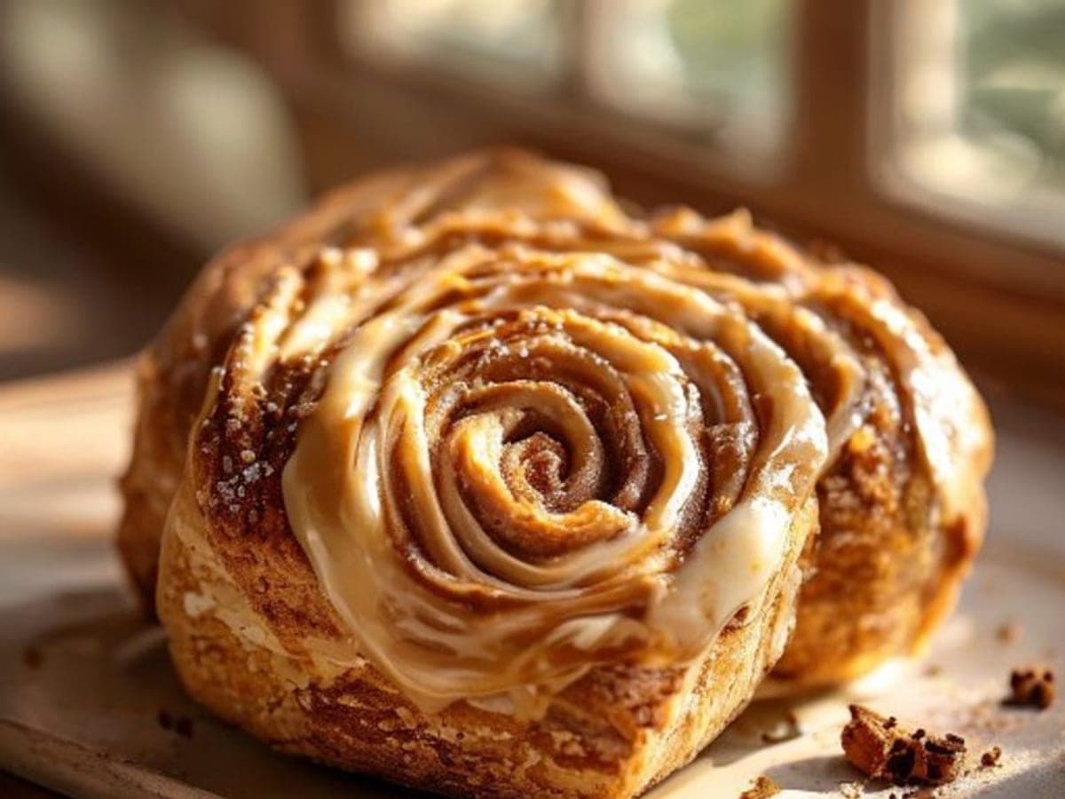a vegan cinnamon roll pulled apart (AI-generated editorial image)