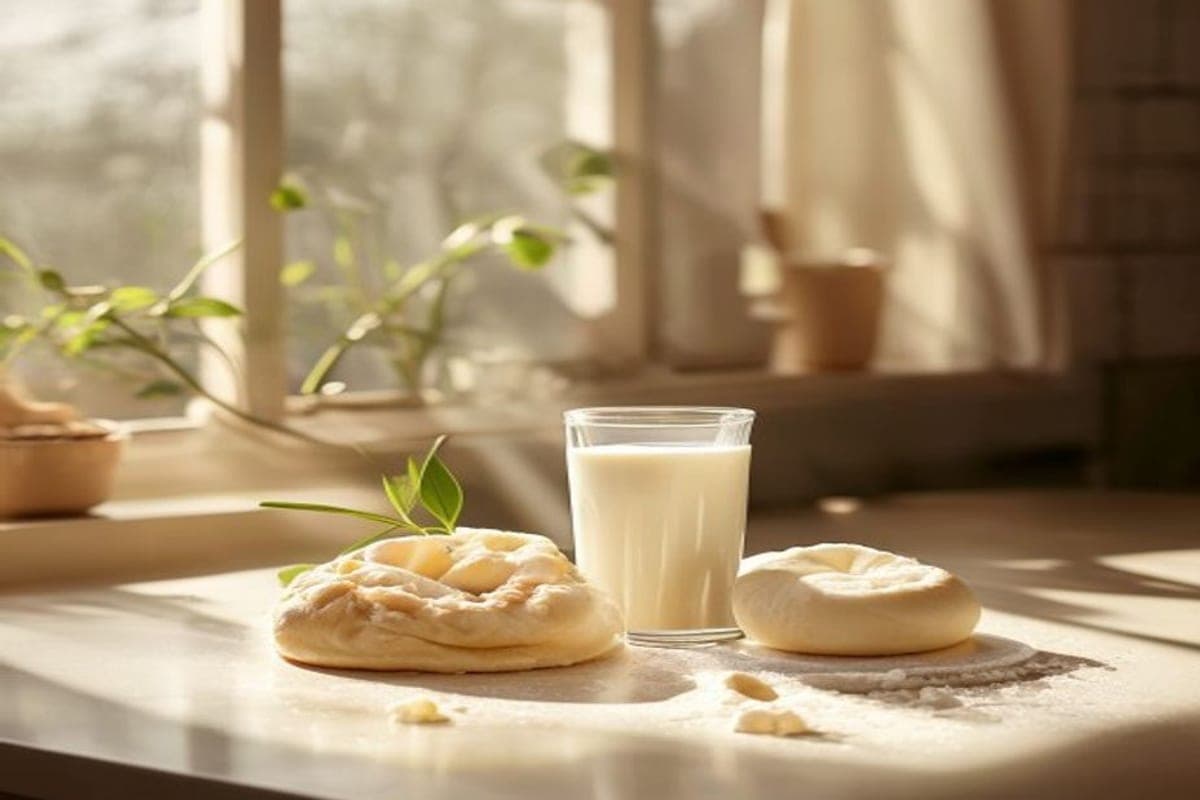plant milk and vegan butter beside soft vegan dough on a counter (AI-generated editorial image)